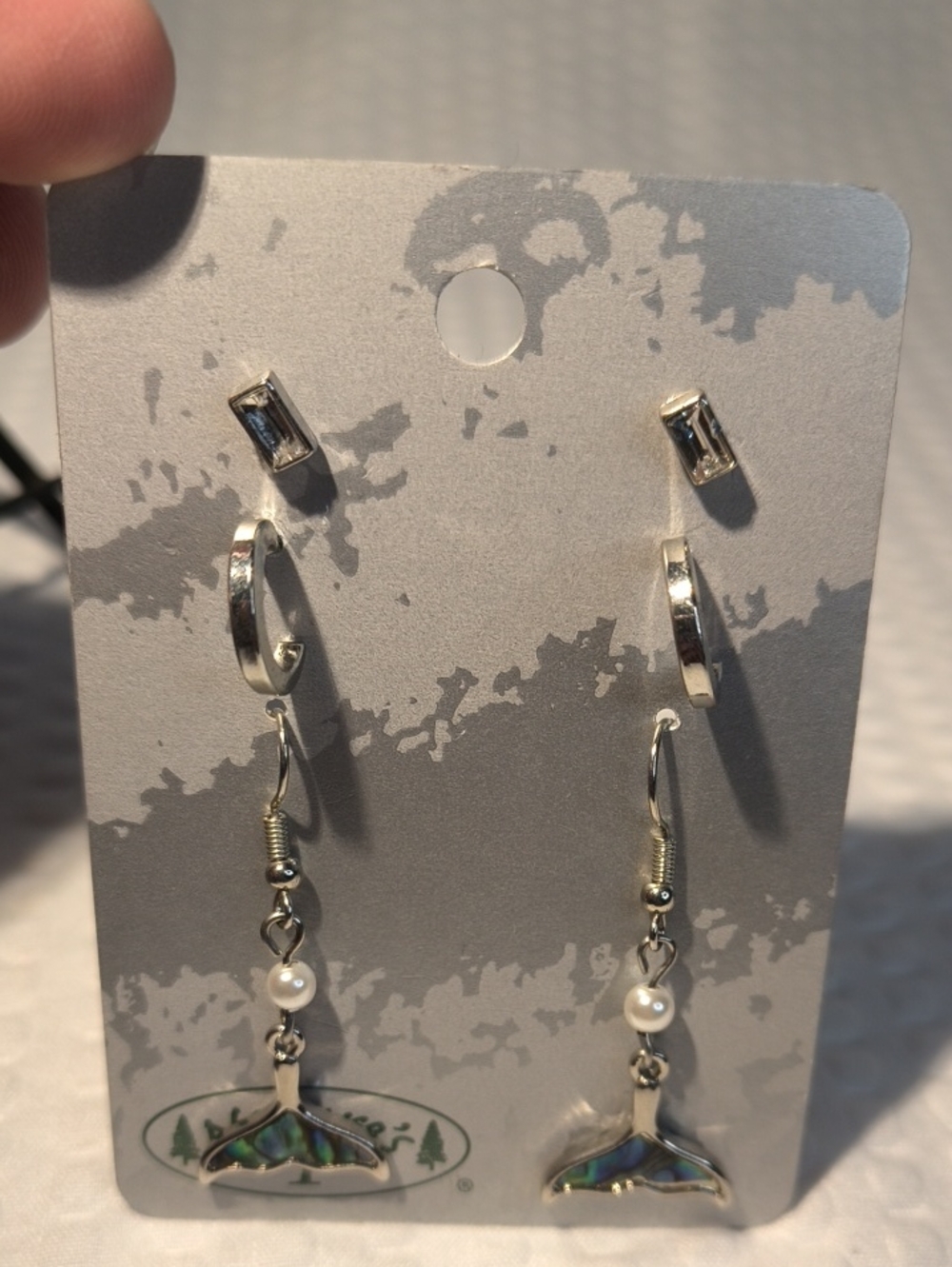 Silver Tone Abalone Whale Tail Drop Earrings Set 3 Pairs